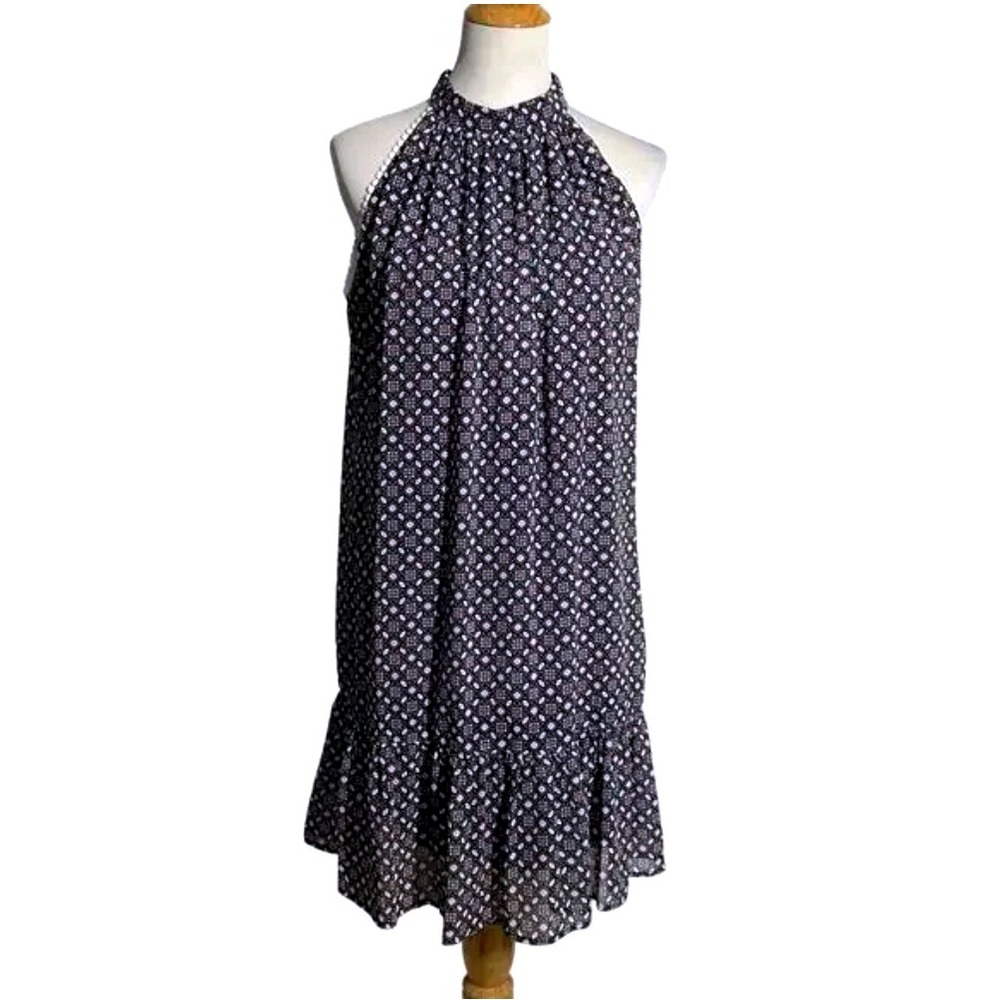 Leslie Fay Halter Geometric Babydoll Dress Women's 14 Navy Dainty Hippie Boho